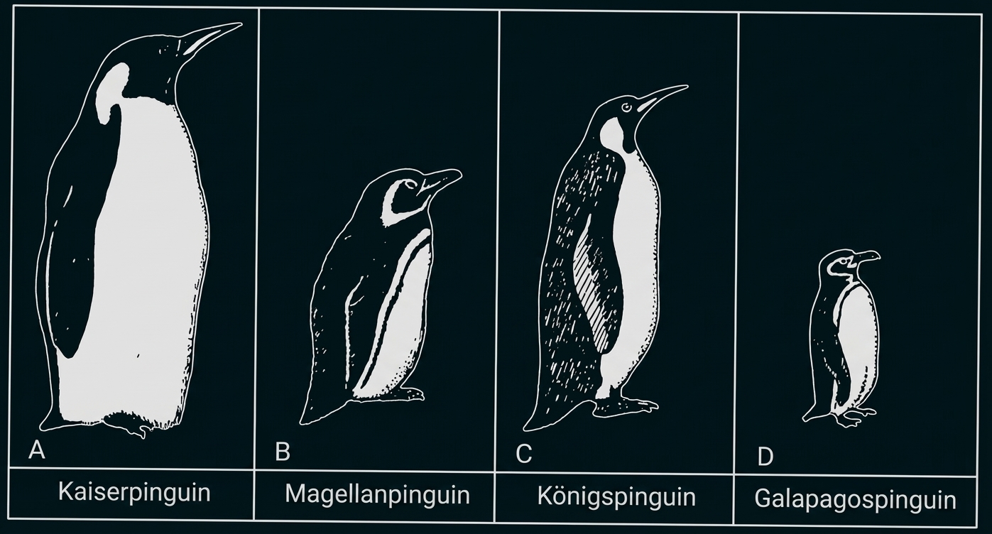 Vier gezeichnete Pinguine nebeneinander, beschriftet: Kaiserpinguin, Magellanpinguin, Königspinguin, Galapagospinguin.
